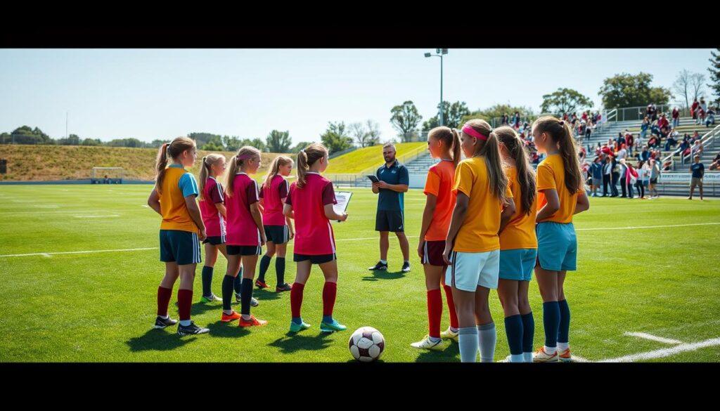A girls' soccer team tryout guide, set in a well-lit, expansive outdoor field. In the foreground, a group of young female athletes in colorful jerseys and cleats gather, their expressions focused as they warm up and prepare for the tryout. In the middle ground, a coach stands with a clipboard, observing and evaluating the players' skills and teamwork. The background features a backdrop of lush green grass, a clear blue sky, and the silhouettes of spectators watching from the sidelines, creating an atmosphere of anticipation and excitement.