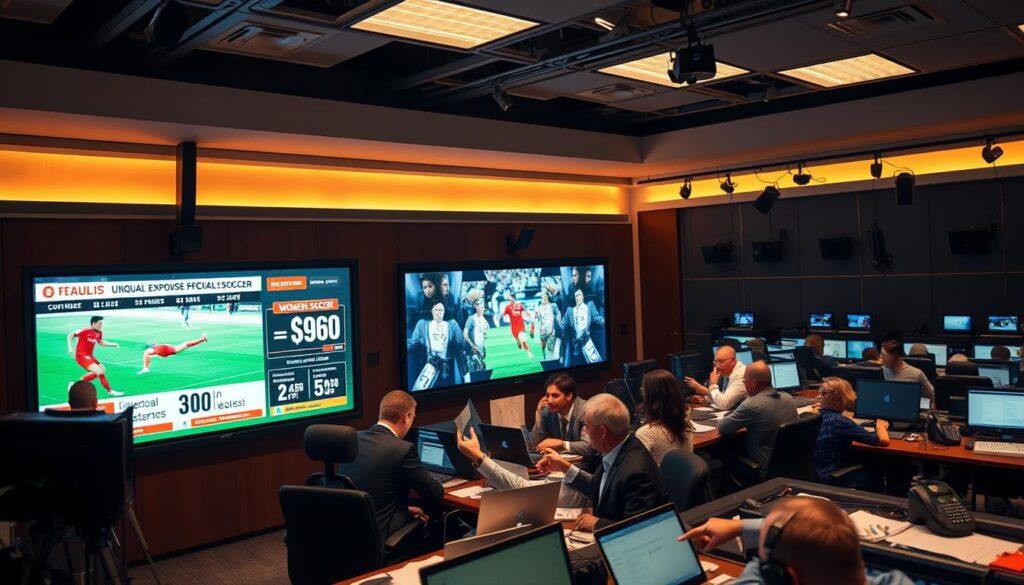 A busy newsroom in warm, diffused lighting. In the foreground, a large broadcast screen displays data visualizations and statistics, representing the unequal coverage and exposure of women's soccer. In the middle ground, reporters and editors huddle around laptops, engaged in animated discussions. The background showcases rows of desks, telephones, and other broadcasting equipment, hinting at the scale and complexity of the media landscape. The overall atmosphere conveys a sense of urgency and the need for change, as the team works to address the imbalance in media representation of women's soccer. A busy newsroom in warm, diffused lighting. In the foreground, a large broadcast screen displays data visualizations and statistics, representing the unequal coverage and exposure of women's soccer. In the middle ground, reporters and editors huddle around laptops, engaged in animated discussions. The background showcases rows of desks, telephones, and other broadcasting equipment, hinting at the scale and complexity of the media landscape. The overall atmosphere conveys a sense of urgency and the need for change, as the team works to address the imbalance in media representation of women's soccer.