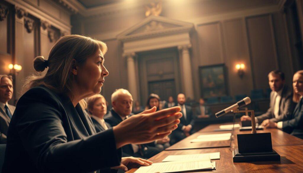 A courtroom scene with a legal advocate passionately arguing for gender equality in soccer, illuminated by warm, directional lighting. In the foreground, the advocate gestures emphatically, their expression determined. In the middle ground, judges and officials listen intently, their faces reflecting the gravity of the proceedings. The background depicts the grand architecture of the courthouse, symbolizing the solemnity and authority of the legal system. The overall mood is one of resolve and the weight of a landmark case that could reshape the future of the sport.