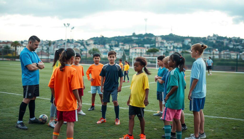 A diverse group of young soccer players of various ages and backgrounds participate in a mentorship program, with experienced coaches guiding and encouraging them. The scene is set in a well-lit, neatly maintained soccer field, with a mix of natural and artificial lighting creating a warm, inviting atmosphere. The players wear colorful jerseys and cleats, showcasing their passion and determination. In the foreground, a coach demonstrates a technique while the mentees listen intently, their expressions a mix of focus and excitement. In the middle ground, other players engage in small-sided games, learning teamwork and sportsmanship. The background features a scenic urban landscape, highlighting the program's accessibility and inclusivity within the community.