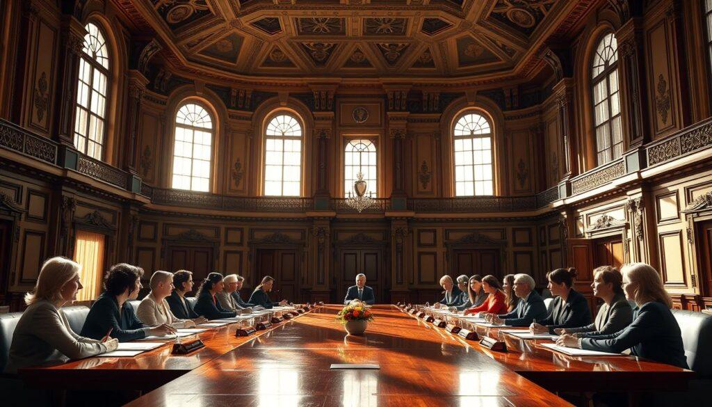 A grand, ornate hall with high ceilings and intricate architectural details. Seated around a long, polished table are a diverse group of women in professional attire, engaged in impassioned discussion. Sunlight streams in through tall windows, casting a warm, authoritative glow. The scene exudes a sense of power, progress, and the shaping of international policy for women's football. Crisp, high-resolution, photorealistic.