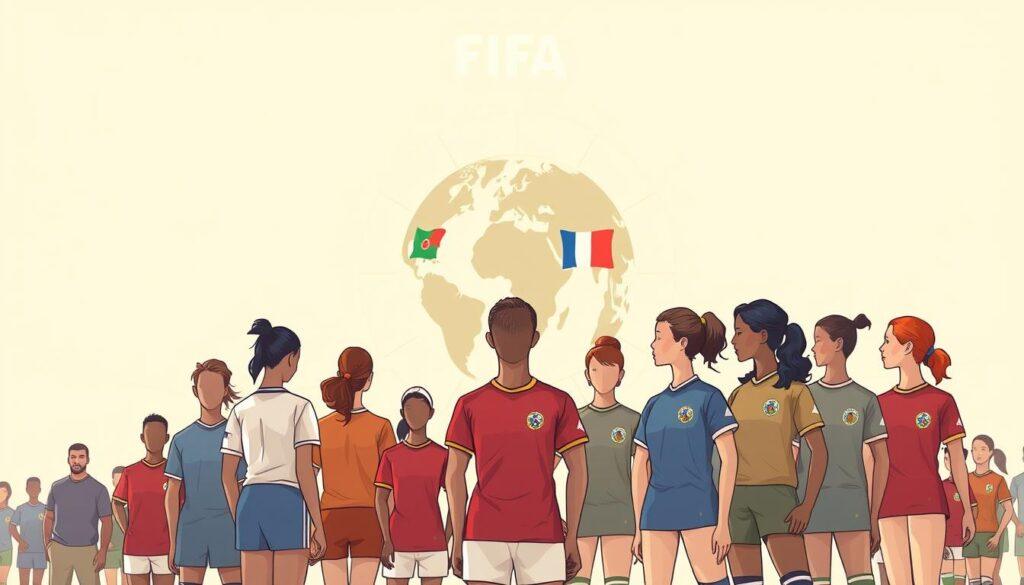 A thoughtful, analytical analysis of FIFA's gender policies, captured in a detailed illustration. In the foreground, a diverse group of soccer players, male and female, stand united, showcasing the strides made toward equality. In the middle ground, a globe representing the international reach of the sport, with regional flags denoting the global impact of FIFA's policy changes. The background features a clean, minimalist design, with subtle lines and shapes suggestive of the organizational structure and decision-making processes behind these critical reforms. Soft, warm lighting casts a sense of progress and optimism, conveying the mood of a sport embracing a more inclusive and equitable future.