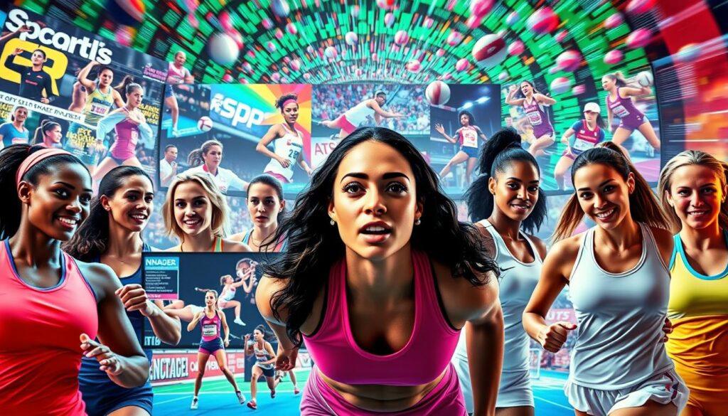 A vibrant collage showcasing key moments in media representation of women's sports. In the foreground, a diverse group of female athletes in dynamic action poses, their expressions reflecting determination and empowerment. In the middle ground, magazine covers, TV screens, and social media posts highlighting groundbreaking female sports stars and their rise to prominence. In the background, a swirling kaleidoscope of neon-tinged sports imagery, symbolizing the growing visibility and impact of women's athletics in popular culture. Lighting is dramatic, with bold colors and high contrast to capture the energy and significance of this cultural shift. Captured through a wide-angle lens to convey a sense of momentum and progress.