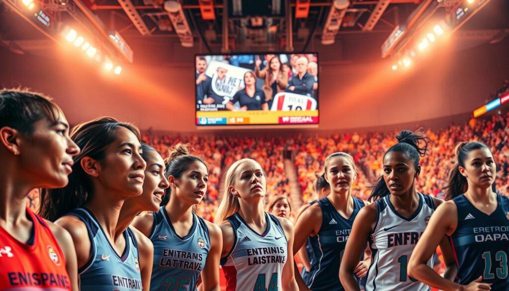 A vibrant photograph showcasing women's sports coverage. In the foreground, a diverse group of female athletes in action, their expressions determined and their movements captured with sharp clarity. In the middle ground, a large television screen displaying a live broadcast, the commentators' voices filling the air. The background is a bustling sports arena, with the audience's enthusiastic cheers creating an electric atmosphere. The lighting is warm and dynamic, highlighting the passion and energy of the scene. The image is framed with a wide-angle lens, capturing the full scope of the event and conveying the importance of amplifying women's athletic achievements in the media. A vibrant photograph showcasing women's sports coverage. In the foreground, a diverse group of female athletes in action, their expressions determined and their movements captured with sharp clarity. In the middle ground, a large television screen displaying a live broadcast, the commentators' voices filling the air. The background is a bustling sports arena, with the audience's enthusiastic cheers creating an electric atmosphere. The lighting is warm and dynamic, highlighting the passion and energy of the scene. The image is framed with a wide-angle lens, capturing the full scope of the event and conveying the importance of amplifying women's athletic achievements in the media.