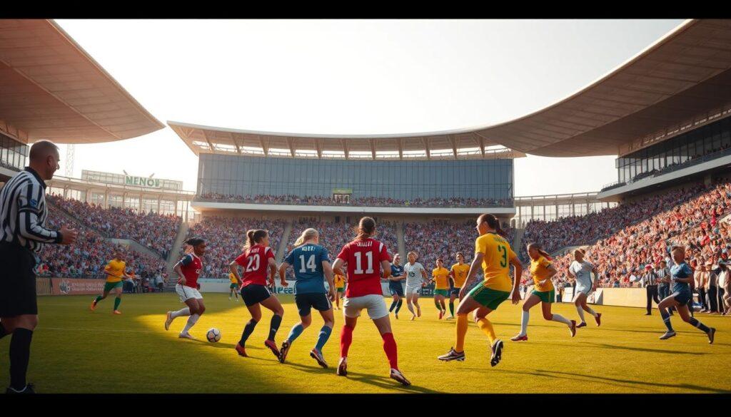 A vibrant soccer field in warm afternoon light, with two teams competing passionately under the watchful eye of an official. In the foreground, players in jerseys of contrasting colors engage in a heated match, their movements frozen in mid-action. The middle ground features a diverse crowd of spectators, their faces alight with excitement. In the background, a modern stadium structure rises, its sleek design and expansive seating a testament to recent policy changes empowering women's soccer. The scene conveys a sense of progress, with the athletes' determination and the audience's enthusiasm reflecting the evolving landscape of the sport.