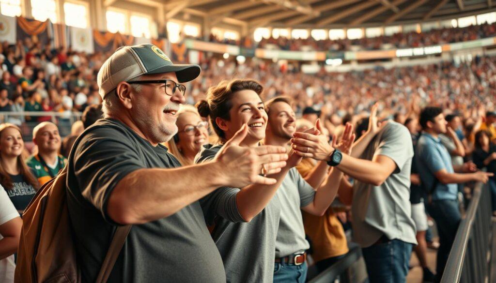 A close-knit group of enthusiastic sports fans, of diverse ages and backgrounds, gathered together in a stadium concourse. In the foreground, an older fan mentors a younger one, sharing their passion and knowledge, gesturing excitedly towards the field. In the middle ground, groups of fans cheer and high-five, their faces alight with joy and camaraderie. The background is filled with the vibrant, colorful atmosphere of the stadium - banners, flags, and the energy of the crowd. Soft, warm lighting casts a golden glow, creating a sense of community, support, and the shared experience of being part of something greater than oneself.