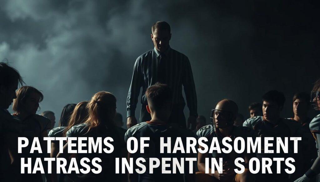 A dark and unsettling scene depicting patterns of harassment in sports. In the foreground, a group of athletes in uniform appear tense and uncomfortable, their body language conveying a sense of unease. In the middle ground, an authority figure, such as a coach or official, stands with an overbearing presence, casting an ominous shadow over the scene. The background is hazy, evoking a sense of a hostile and unwelcoming environment. The lighting is harsh, creating sharp contrasts and deep shadows, adding to the overall sense of discomfort and danger. The image is captured with a wide-angle lens, emphasizing the overwhelming and oppressive nature of the situation.