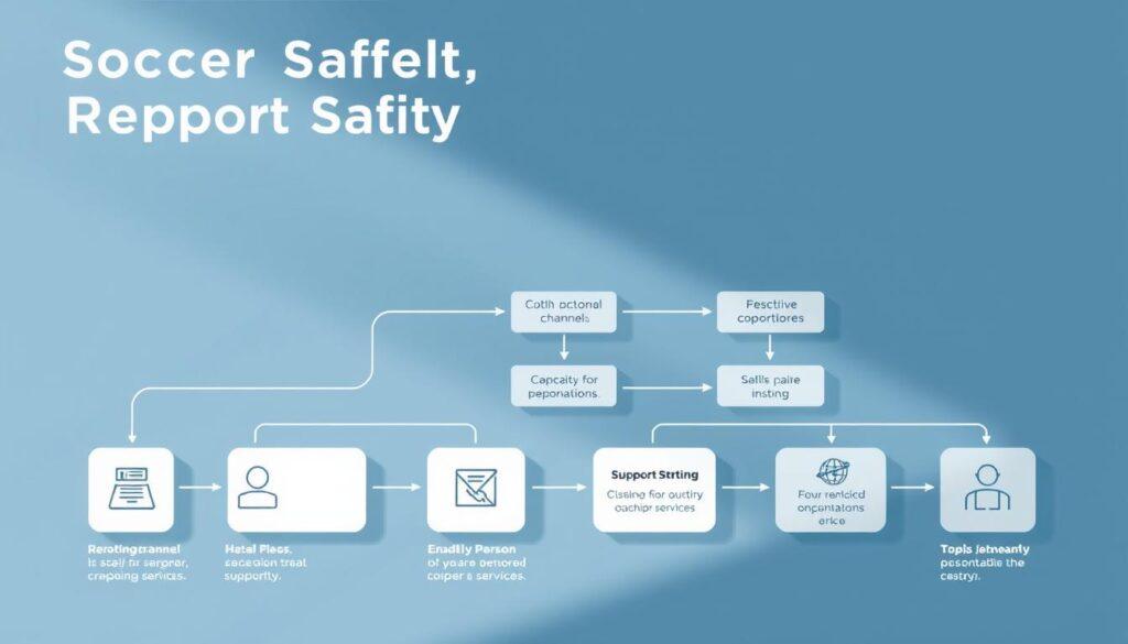 A detailed flowchart depicting soccer safety initiatives reporting processes, rendered in a clean, minimalist style. In the foreground, a series of simple icons representing different reporting channels - phone, email, in-person. The middle ground showcases the flow of information, with clear arrows guiding the viewer through escalation steps and support services. The background features a muted color palette of blues and grays, conveying a sense of professionalism and institutional authority. Soft, directional lighting casts subtle shadows, adding depth and emphasizing the structured layout. The overall tone is authoritative yet approachable, designed to instill trust and confidence in the reporting system.
