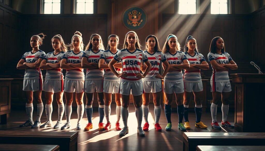 A diverse group of determined female soccer players, representing the U.S. national team, standing united in a courtroom setting. Sunlight streams through the windows, casting dramatic shadows across their resolute expressions. In the foreground, their uniforms and cleats convey their athletic prowess, while the middle ground showcases the formal legal setting, with wooden benches and a judge's podium. The background hints at the larger societal issues at stake, with a sense of urgency and a call for equality permeating the scene.
