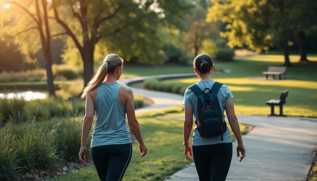 A serene outdoor scene of a sports mentorship pathway. In the foreground, two female athletes walk side-by-side, engaged in thoughtful discussion. The middle ground features a winding path surrounded by lush greenery and a tranquil pond. Warm, natural lighting filters through the trees, casting a soft glow on the scene. In the background, a simple wooden bench provides a place for quiet reflection. The overall atmosphere conveys a sense of guidance, support, and empowerment, creating a safe and nurturing environment for the athletes.