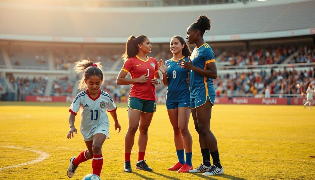 A vibrant photograph depicting three empowered female soccer role models standing confidently on a well-lit, grassy field. In the foreground, a young athlete in a national team jersey dribbles the ball with determination. In the middle ground, two experienced players, one Latina and one Black, stand side by side, sharing an inspiring conversation and gesturing passionately. The background features a stadium with cheering fans, conveying a sense of pride, achievement, and the transformative power of sports. Warm, golden lighting casts a hopeful glow, and the composition emphasizes the women's strength, camaraderie, and role model status.