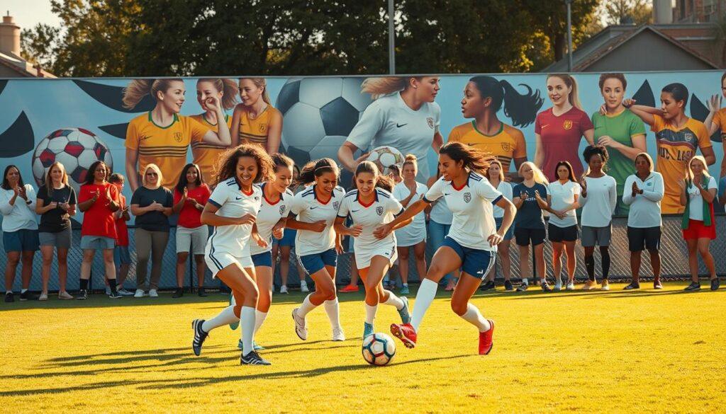 A vibrant scene of women embracing the joy of soccer, capturing the spirit of local success stories. In the foreground, a diverse group of female players, their faces alight with determination, dribbling a ball and passing between each other on a sun-dappled field. In the middle ground, coaches and supporters cheer them on, their animated gestures and expressions conveying the sense of community and empowerment. The background features a mural depicting iconic female soccer players, serving as a tribute to those who have paved the way. Warm, golden lighting suffuses the scene, creating a sense of hope and inspiration. Captured through a wide-angle lens, the image conveys the expansive, inclusive nature of the local soccer community.