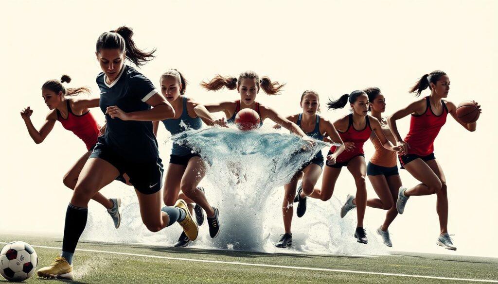A diverse group of female athletes, their powerful movements and determined expressions captured in a dynamic, high-contrast scene. In the foreground, a soccer player dribbles the ball, her muscles taut and eyes locked on the goal. In the middle ground, a swimmer glides through the water, her form streamlined and graceful. In the background, a basketball player leaps for a slam dunk, her body suspended mid-air. Dramatic lighting casts sharp shadows, highlighting the athletes' strength and athleticism. The scene conveys a sense of momentum, energy, and the undeniable impact of women's sports on the cultural landscape.