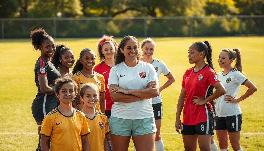 A diverse group of role models in women's soccer, captured in a vibrant, inspirational scene. In the foreground, a mix of professional and amateur players of varying ages, ethnicities, and abilities stand proudly, their expressions exuding confidence and determination. The middle ground features a coach and mentor guiding and encouraging the younger players, their interactions radiating a sense of guidance and camaraderie. In the background, a lush, sun-dappled soccer field sets the stage, conveying a sense of possibility and growth. The lighting is soft and warm, lending an air of positivity and empowerment to the scene. The overall mood is one of unity, perseverance, and the transformative power of mentorship in women's soccer.