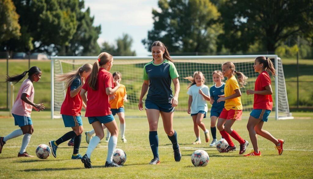 A diverse group of young female soccer players enthusiastically engaged in a coaching session, with a female coach guiding them. The foreground features the players dribbling balls, passing, and celebrating. The middle ground shows the coach, dressed in sports attire, providing instructions and encouragement. The background depicts a lush, green soccer field with goals, surrounded by trees and a clear, blue sky, creating a welcoming and inclusive atmosphere. The lighting is natural, with soft shadows and warm tones, capturing the positive and empowering energy of the scene. The overall composition conveys a sense of unity, progress, and the grassroots revolution in women's soccer.
