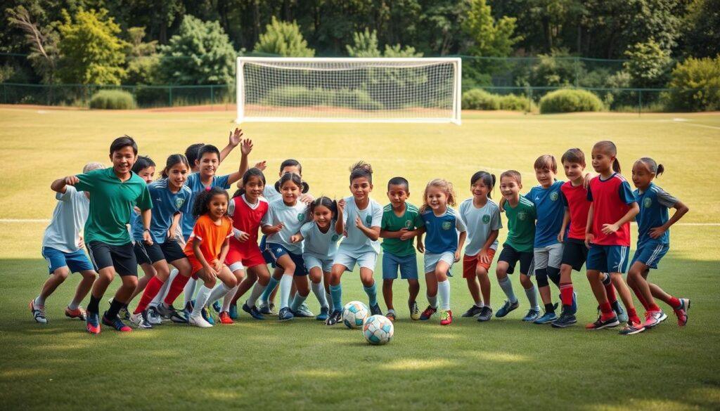 A diverse group of young soccer players enthusiastically participating in a safe sports initiative program. The foreground depicts the athletes in dynamic poses, showcasing their skills and teamwork. The middle ground features a vibrant, well-equipped soccer field with goals and lines, conveying a sense of professionalism and dedication. The background presents a sun-dappled, lush green landscape, evoking a serene and nurturing environment. The lighting is soft and natural, highlighting the players' determination and joy. The scene is captured with a wide-angle lens, providing a comprehensive view of the inclusive and supportive atmosphere.