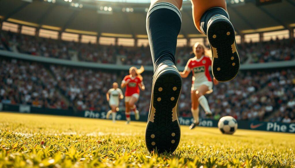 A dynamic sports broadcast of a women's soccer match, captured with a cinematic flair. In the foreground, a close-up shot of the players' boots as they deftly navigate the field, the grass texture and blades of turf visible in striking detail. The middle ground showcases the action, with players in crisp, vibrant uniforms competing with intensity, their movements frozen in time by a high-speed camera. In the background, the stadium audience is a blur of energy, their cheers and excitement palpable. Warm, golden lighting bathes the scene, creating a sense of drama and excitement, while a wide-angle lens captures the scale and grandeur of the event.