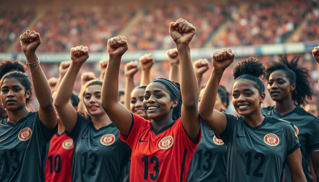A group of diverse, empowered women soccer players standing united, their fists raised high in a powerful display of advocacy and solidarity. The scene is captured with a cinematic, close-up angle, highlighting the players' determined expressions and the energy of their collective action. Warm, diffused lighting casts a sense of passion and purpose, while a blurred, crowd-filled stadium backdrop suggests the wider impact of their voice. The players' uniforms showcase their team colors, symbolizing their shared identity and commitment to driving positive change within the sport.