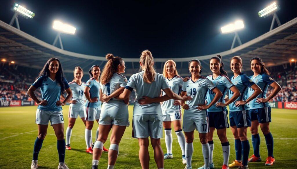 A group of professional female soccer players, diverse in age, ethnicity and playing styles, standing confidently on a lush, well-lit soccer field. In the foreground, three players in their uniforms, arms around each other, conveying a sense of camaraderie and mutual support. In the middle ground, several other players in dynamic poses, showcasing their athletic prowess and skill. The background features a stadium-like setting, with spectators in the stands and the glow of stadium lights casting a warm, inspirational atmosphere. The overall scene exudes a spirit of empowerment, achievement and role model-worthy excellence in women's soccer.