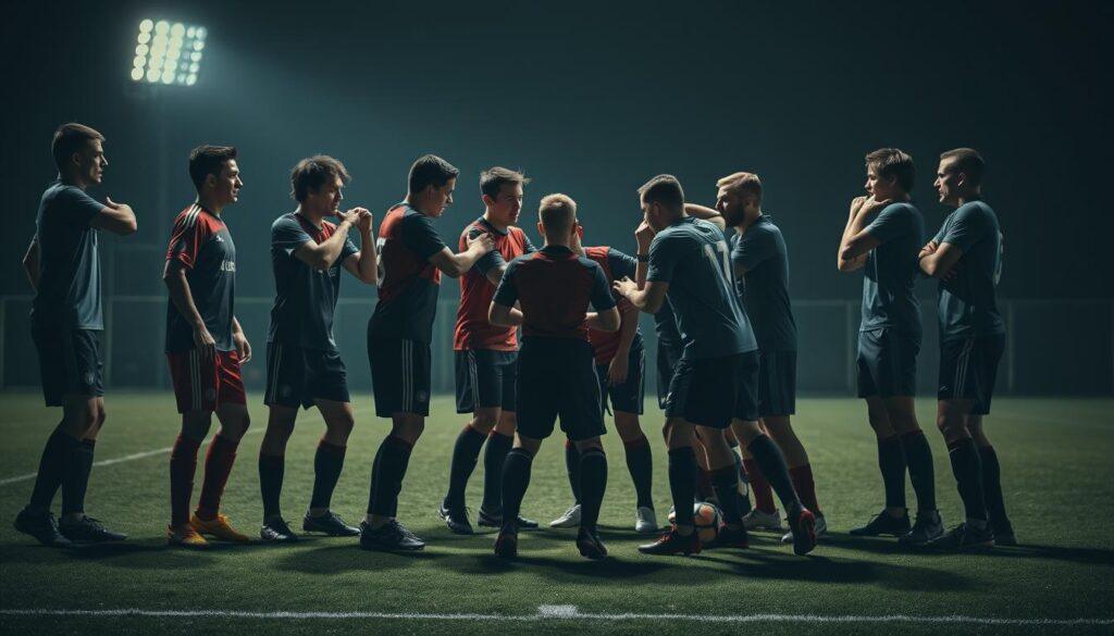 A group of soccer players aggressively confronting and bullying a lone teammate on a dimly lit field. The bullies tower over the victim, their faces twisted in sneers and their bodies tense with hostility. The background is blurred, emphasizing the intense focus on the harassment. Harsh shadows cast by a single overhead spotlight create a somber, dramatic atmosphere, highlighting the victim's isolation and vulnerability. The scene conveys a sense of tension, fear, and the painful reality of discrimination faced by marginalized individuals in the world of sports.