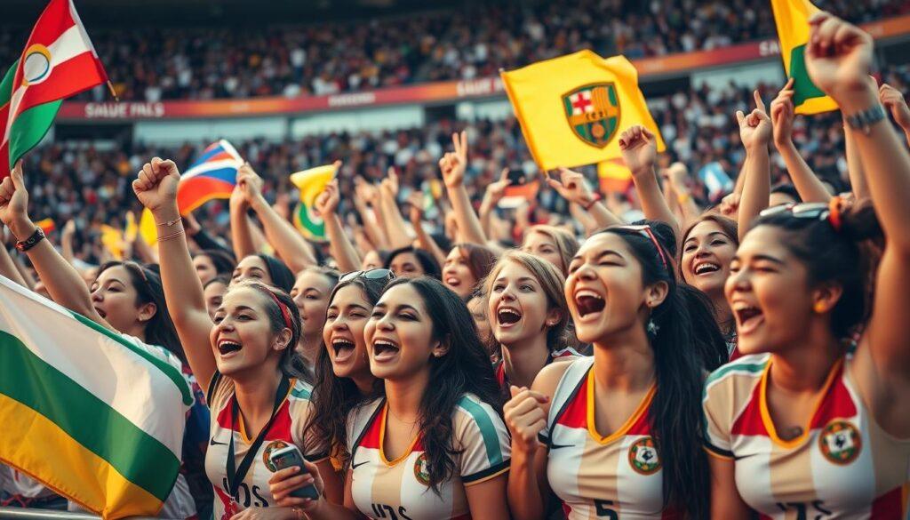 A lively gathering of female soccer fans passionately supporting their team, their energy and camaraderie palpable. In the foreground, a diverse group of women chanting, waving flags, and holding up colorful banners. In the middle ground, the crowd surges with excitement, diverse faces animated with joy. The background reveals a vibrant stadium setting, with the team's colors and insignia prominent. Warm, natural lighting illuminates the scene, conveying a sense of community and empowerment. The overall atmosphere is one of joyful, grassroots fan activism, showcasing the influential role of women in shaping the culture of the sport.