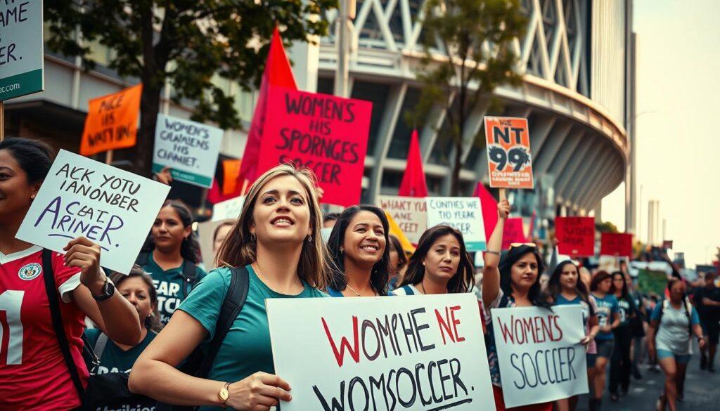 A lively protest march through a city street, with diverse groups of women carrying vibrant banners and placards advocating for increased media coverage and sponsorship of women's soccer. In the foreground, passionate activists chant slogans and rally the crowd, their expressions determined. The middle ground features a crowd of supporters, some waving flags and wearing team jerseys. In the background, a stadium or arena looms, symbolizing the need for greater visibility and appreciation of the sport. Warm, diffused natural lighting creates a sense of energy and purpose, while a slightly low camera angle emphasizes the scale and momentum of the movement.