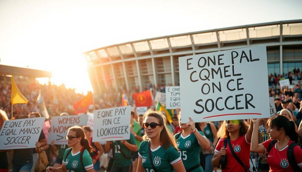 A peaceful protest march advocating for equal pay in women's soccer, captured under a warm afternoon sun. In the foreground, a diverse group of soccer players, coaches, and fans march with colorful banners and placards, their expressions determined and resolute. In the middle ground, a backdrop of modern stadium architecture, symbolizing the institutions that hold power. In the distance, a crowd of supporters cheers and applauds, their energy and enthusiasm radiating through the scene. The lighting is soft and natural, conveying a sense of hope and unity in the pursuit of equity and justice.