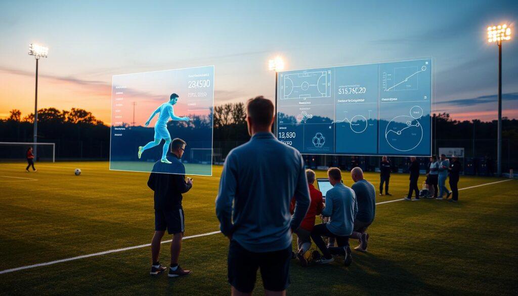 A soccer field at dusk, floodlights casting a warm glow across the pitch. In the foreground, a holographic display hovers, showcasing real-time player analytics - speed, distance covered, ball possession, and more. In the middle ground, coaches and analysts huddle around a touchscreen interface, poring over data visualizations and tactical diagrams. In the background, a team of technicians monitor servers and a bank of high-resolution cameras, capturing every movement on the field. The scene conveys the intersection of traditional soccer and cutting-edge technology, empowering players and coaches with deeper insights to drive performance and development.