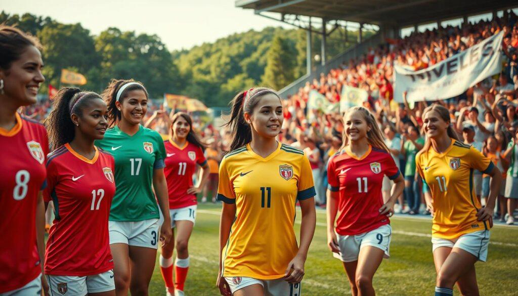 A vibrant and inspiring scene of role models in women's soccer, captured in a cinematic, documentary-style image. In the foreground, a group of determined, skilled players in colorful jerseys, their expressions radiating passion and dedication as they take the field. The middle ground features a crowd of enthusiastic fans, diverse in age and background, waving banners and cheering passionately. In the background, a lush, verdant stadium backdrop, with warm, natural lighting casting a glow over the entire scene, conveying a sense of hope, empowerment, and the transformative power of the sport. The composition emphasizes the connection between the players and their supporters, showcasing the profound impact of women's soccer on shaping societal narratives and inspiring the next generation.