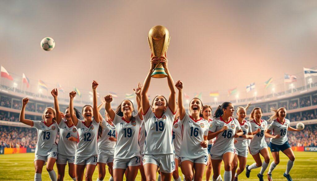 A vibrant, dynamic scene of women's soccer accomplishments. In the foreground, a diverse group of triumphant female players, their jerseys emblazoned with national crests, triumphantly holding aloft the gleaming World Cup trophy against a backdrop of cheering crowds. The middle ground features action shots of players in mid-flight, kicking and dribbling the ball with a sense of power and grace. In the distance, the iconic stadiums and flags of past World Cup tournaments, illuminated by warm, golden lighting that creates a celebratory atmosphere. The overall composition conveys the monumental achievements, determination, and global impact of women's soccer on the world stage.