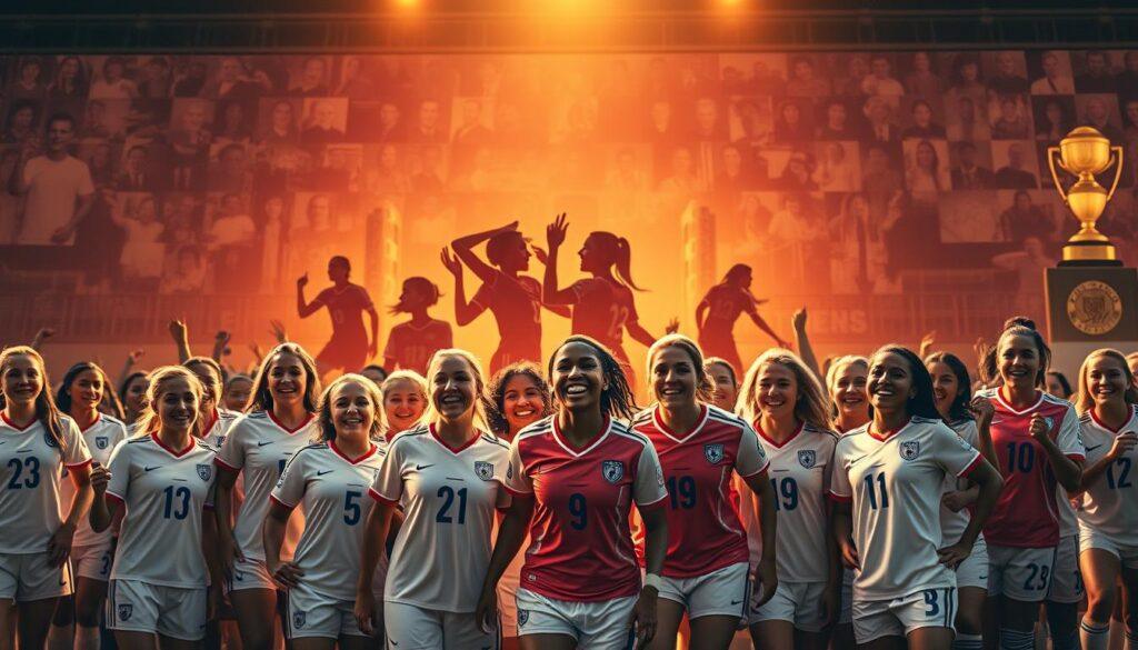 A vibrant, dynamic scene showcasing the iconic milestones in women's soccer history. In the foreground, a diverse group of female soccer players of various ages and skill levels celebrate their achievements, their uniforms and expressions exuding a sense of pride and empowerment. In the middle ground, larger-than-life silhouettes of legendary players loom, their triumphs and accolades depicted through a hazy, ethereal glow. The background features a collage of historical landmarks and trophies, subtle reminders of the hard-won battles and hard-earned victories that have paved the way for the sport's growth and popularity. The lighting is warm and golden, casting a celebratory atmosphere that inspires and uplifts the viewer. Captured through a wide-angle lens, the image conveys a sense of inclusivity, community, and the unstoppable momentum of women's soccer.