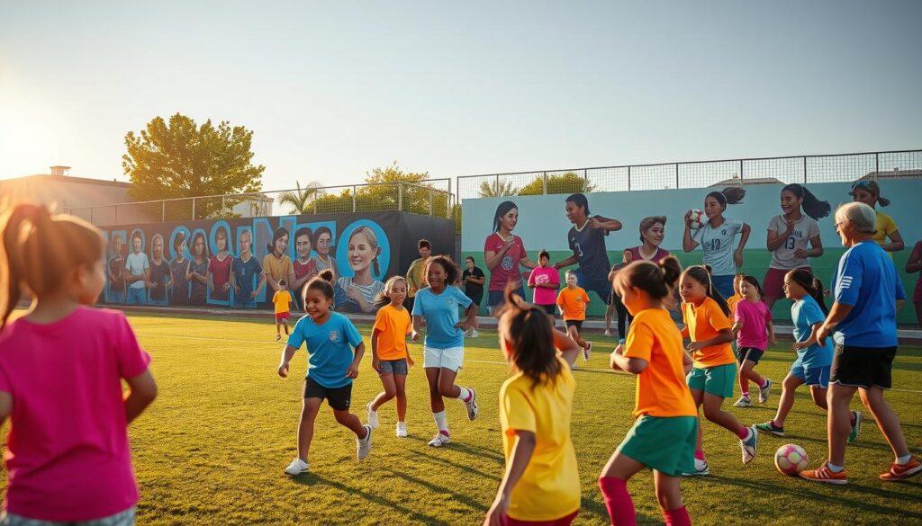A vibrant, inclusive soccer field under a warm, golden afternoon sun. In the foreground, young girls in colorful uniforms enthusiastically practice drills, their laughter and energy palpable. The middle ground showcases diverse coaches and mentors guiding them, their faces alight with pride and encouragement. In the background, a mural depicting inspiring female soccer players adorns the field's perimeter, serving as a testament to the community's commitment to nurturing the next generation of athletes. The scene exudes a sense of empowerment, camaraderie, and the boundless potential of grassroots sports initiatives.