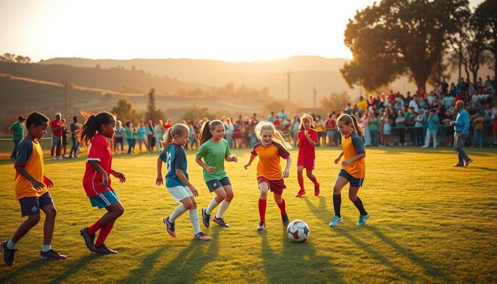 A vibrant outdoor scene showcasing a youth soccer support program in action. In the foreground, a group of young girls in colorful jerseys enthusiastically practice drills and scrimmage on a well-maintained grass pitch, their laughter and energy palpable. In the middle ground, a diverse crowd of parents and coaches cheer from the sidelines, creating a sense of community and encouragement. The background features a scenic backdrop of rolling hills, trees, and a clear blue sky, bathed in warm, golden hour lighting that casts a soft, inspirational glow over the entire scene. The overall mood is one of joy, camaraderie, and the empowerment of young athletes through dedicated mentorship and support programs.