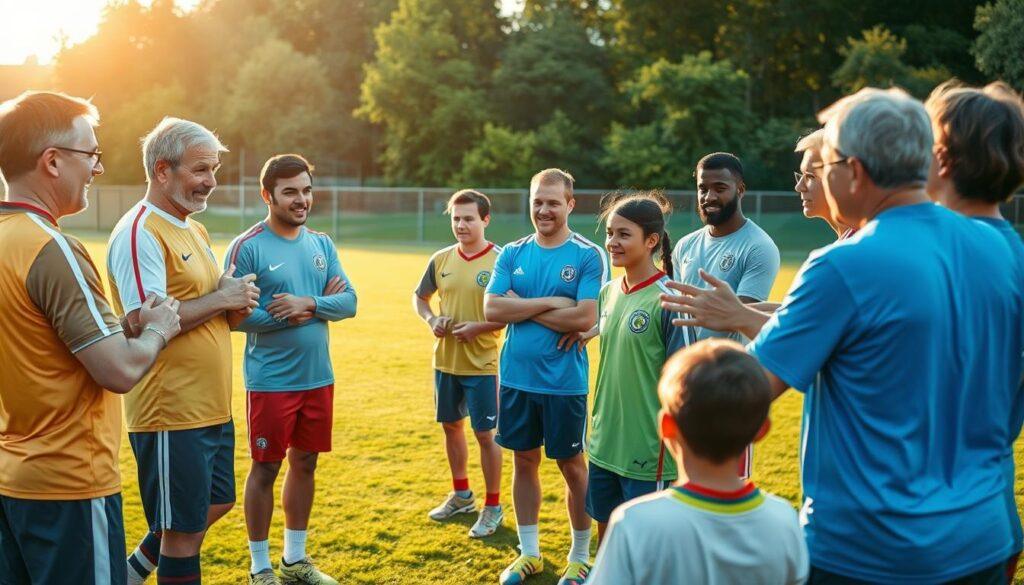 A warm, vibrant scene of a diverse team of soccer coaches engaged in a dynamic coaching session. In the foreground, a group of coaches gesticulate animatedly, their expressions alive with enthusiasm as they share strategies and techniques. The middle ground reveals players listening intently, their faces alight with focus and determination. In the background, a lush, verdant field stretches out, the golden afternoon sunlight casting a soft, inspiring glow over the entire scene. The atmosphere exudes a sense of camaraderie, collaboration, and a shared passion for developing young athletes both on and off the field.