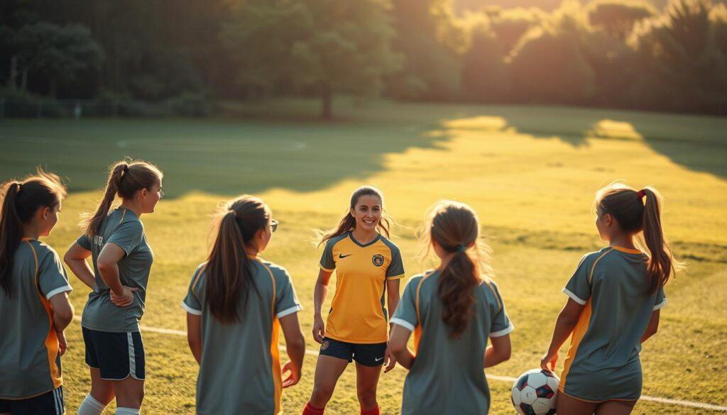 A warm, well-lit soccer field with a coach demonstrating positive coaching techniques to a diverse group of young female players. The coach, with an encouraging expression, is shown guiding the players through drills and exercises that emphasize skill development and team collaboration. The players, of varying ages and skill levels, are engaged and enthusiastic, their faces conveying a sense of confidence and camaraderie. The background features a lush, verdant landscape, creating a serene and uplifting atmosphere. The image captures the essence of an inclusive, skills-focused approach to coaching that empowers young athletes.