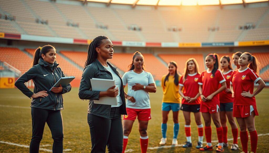 A diverse group of female soccer coaches stands confidently on a football field, showcasing strength and determination. In the foreground, one coach, a Black woman in professional sports attire, holds a clipboard, symbolizing leadership, while a woman of Asian descent is demonstrating a tactic in the midst of a coaching session. In the middle ground, several young female players are listening attentively, reflecting diverse backgrounds, embodying aspiration and engagement. The background features a stadium with empty stands, hinting at both the barriers faced and the potential for change. Soft golden-hour lighting casts a warm, inspiring glow, creating an empowering atmosphere. The image captures the resilience and authority of women in soccer leadership roles, framed with a slightly upward angle to evoke hope and ambition.