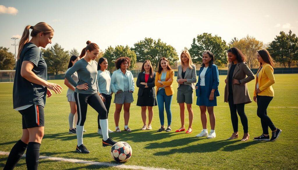 A dynamic scene depicting a diverse group of women engaged in a football mentorship program, set on a green soccer field. In the foreground, a woman in professional sports attire is demonstrating skills to a younger player, emphasizing guidance and support. In the middle ground, a small circle of women of various ethnicities, dressed in smart casual clothing, are engaged in a lively discussion, showcasing collaboration and empowerment. The background features a sunny sky with trees lining the field, creating a vibrant and encouraging atmosphere. The lighting is bright and warm, casting soft shadows to suggest a welcoming environment. The camera angle captures an inclusive perspective, highlighting the bonds of mentorship and community among women in sports.