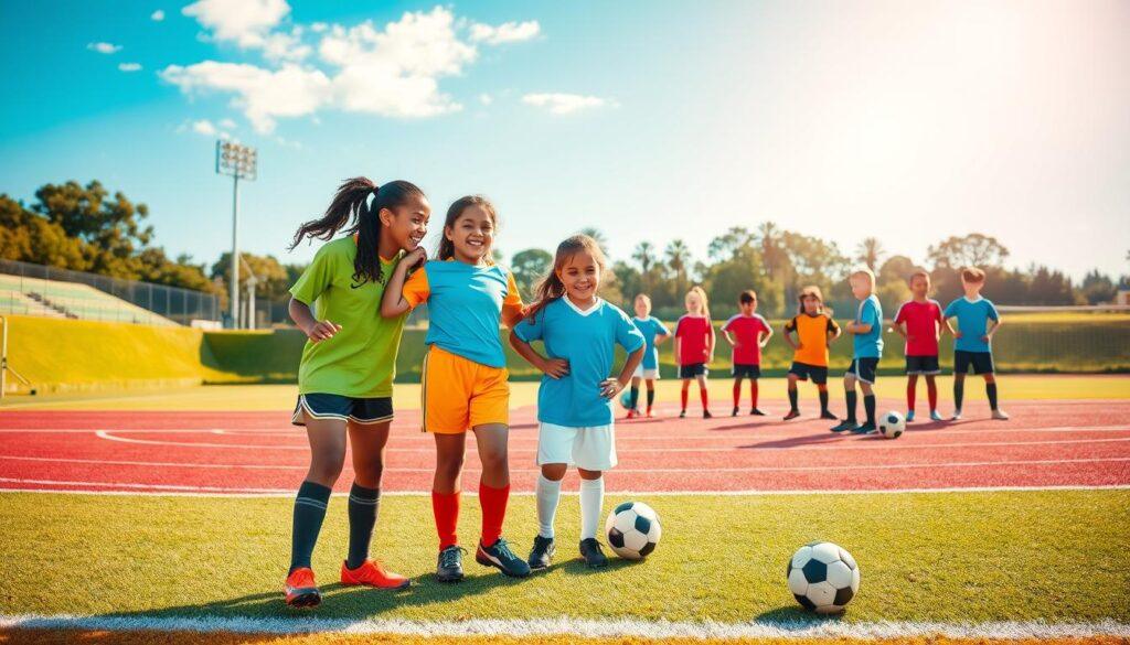 A dynamic scene showcasing a diverse group of young football players, embodying passion and determination, standing confidently on a vibrant soccer pitch. In the foreground, three players—two girls and one boy—wearing colorful soccer kits and modest footwear demonstrate teamwork and camaraderie. Their expressions convey enthusiasm and empowerment as they interact joyfully. In the middle ground, a diverse team of boys and girls engages in practice drills, with a coach providing guidance. The background features a well-maintained stadium, lush greenery, and a clear blue sky, with sunlight casting a warm glow over the scene, creating an uplifting atmosphere. The composition captures the spirit of inclusivity and inspiration, highlighting the transformative power of soccer for young players.
