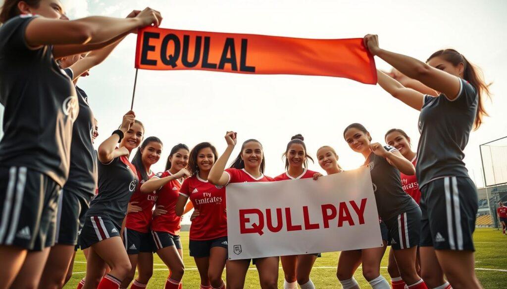 A group of diverse women soccer players, dressed in professional sports attire, gathered in a dynamic, empowering pose that symbolizes unity and strength. In the foreground, they hold banners depicting labor union symbols and messages advocating for equal pay. The middle ground features a lively soccer field backdrop, with other players practicing in the distance to signify teamwork and progress. The background shows a bright sky, evoking a hopeful atmosphere, while soft, natural lighting enhances the scene, highlighting the determination on the players' faces. The angle captures both the players' passionate expressions and the unity of their cause, reflecting modern progress in women's soccer amidst the fight for fairness.
