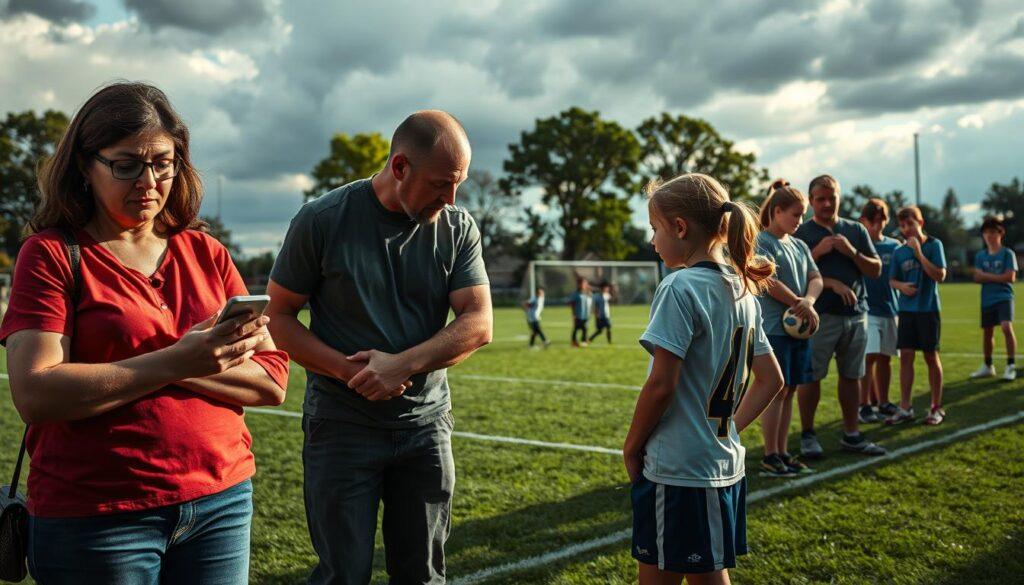 A powerful scene depicting the role of parents and fans in reporting abuse in youth sports. In the foreground, a concerned mother, wearing modest casual clothing, stands with a worried expression, holding her phone as if she’s documenting an incident. Beside her, a father gently reassures a girl in her sports uniform, reflecting support and protection. In the middle ground, a small group of fans watch a youth soccer game, their expressions a mix of concern and vigilance. The background features a sunny sports field with trees and a cloudy sky, casting dramatic shadows that evoke a serious mood. The composition should be framed from an angle that gives a clear view of the interaction between the figures, shot in natural lighting to emphasize authenticity and emotion.