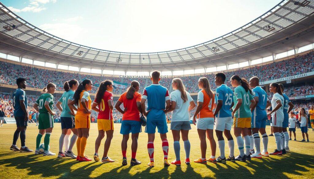 A vibrant and inclusive scene depicting a diverse group of soccer players from various backgrounds, representing both genders, standing together in a circle on a well-maintained soccer field. In the foreground, players are wearing modern, colorful uniforms that reflect their national teams, embodying unity and diversity. In the middle ground, an array of spectators, including families and children, is visible, cheering enthusiastically while holding flags and banners that promote equality in sports. The background features a stadium filled with a supportive crowd, under a clear blue sky with soft sunlight illuminating the scene, creating an uplifting and hopeful atmosphere. The overall composition should evoke a sense of progress and inclusion in soccer, reflecting FIFA's commitment to gender equality.
