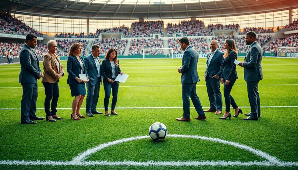 A vibrant scene capturing the essence of "legal advocacy soccer reform". In the foreground, depict a diverse group of individuals in professional business attire, passionately discussing a soccer field with legal documents and a soccer ball at their feet. The middle ground features a well-maintained soccer field, with vibrant green grass and white markings, symbolizing equality in sports. In the background, include a modern stadium filled with cheering fans, showcasing an atmosphere of support and unity. The lighting is warm and inviting, simulating a late afternoon sun, enhancing a hopeful mood. Use a wide-angle lens to emphasize the expansive field and the engaged group, fostering a sense of teamwork and collaboration towards legal reform in soccer.