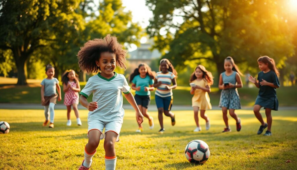 A vibrant scene depicting a diverse group of young girls playing soccer on a sunny day in a park, showcasing their confidence and joy. In the foreground, a girl with curly hair is joyfully dribbling the ball, wearing a modest soccer uniform, her expression filled with determination. In the middle, other girls of varying ethnicities are engaged in friendly competition, some cheering, others strategizing together, highlighting teamwork and support. The background features a lush green field and trees, with soft, warm sunlight filtering through the leaves, creating an uplifting atmosphere. The angle is slightly low to capture the action and excitement, while soft focus enhances the feeling of camaraderie and empowerment.