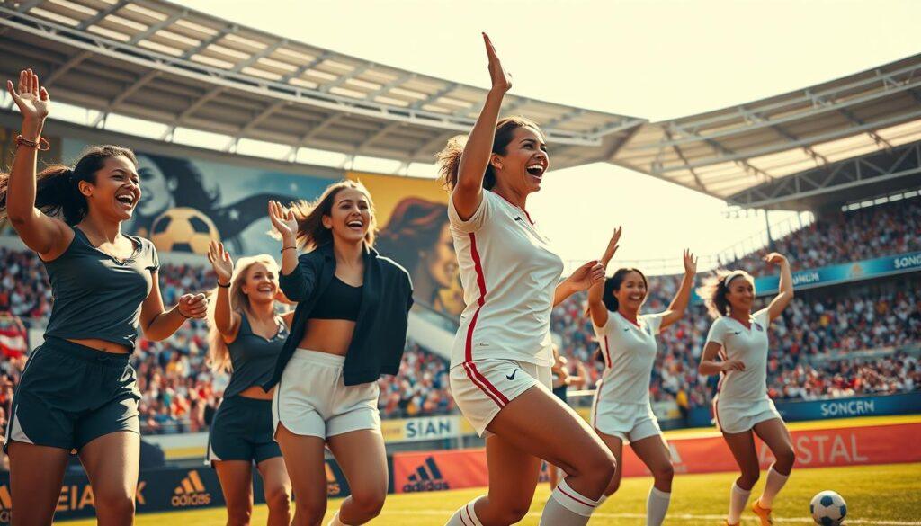 A vibrant scene depicting influential women soccer players as role models in contemporary pop culture. In the foreground, a diverse group of women, aged 20-40, dressed in stylish athletic gear, are joyfully celebrating a goal on the soccer field. Their expressions exude determination and happiness. The middle of the image features iconic elements from popular culture, like a mural of a famous female soccer player in the background and colorful banners showcasing messages of empowerment. The background shows a stadium packed with cheering fans, under a bright, sunny sky. The lighting is warm and inviting, casting soft shadows while creating a lively atmosphere that inspires unity and strength. The angle is slightly elevated, providing a dynamic view of the celebration, emphasizing the impact of women in soccer.