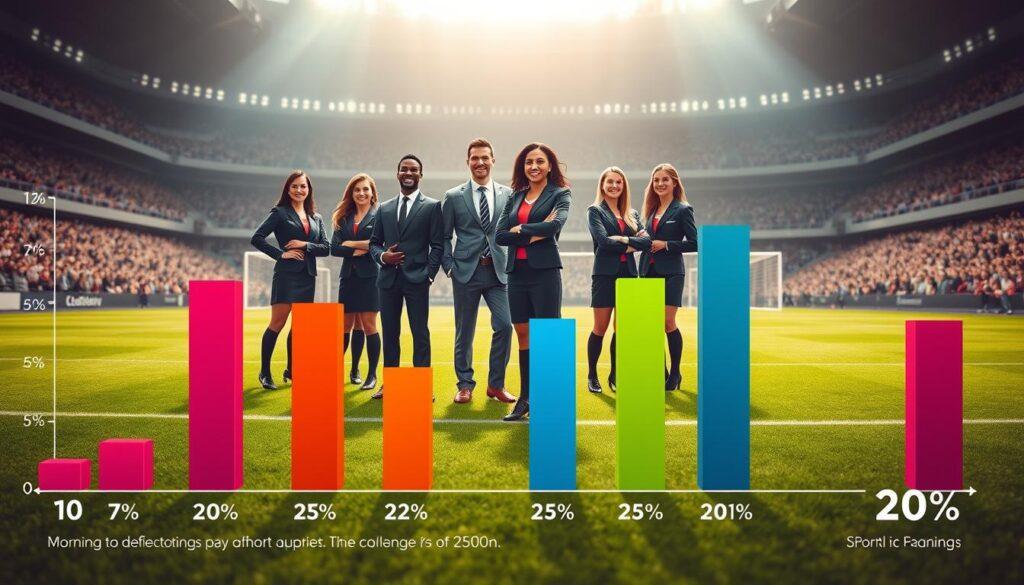 A visually engaging infographic illustrating the growth statistics of the equal pay movement, specifically in soccer. In the foreground, vibrant bar graphs depict increasing percentages, contrasting the pay disparity over time. In the middle ground, a diverse group of professional soccer players, dressed in business attire, stands confidently in a dynamic pose, symbolizing unity and progress. The background features a soccer field fading into an audience, highlighting public support for the movement. Soft, natural lighting enhances the image, casting gentle shadows that emphasize figures and graphs. The scene is captured with a wide-angle lens to create depth, conveying a hopeful and inspiring atmosphere around the theme of fairness and equality in sports.