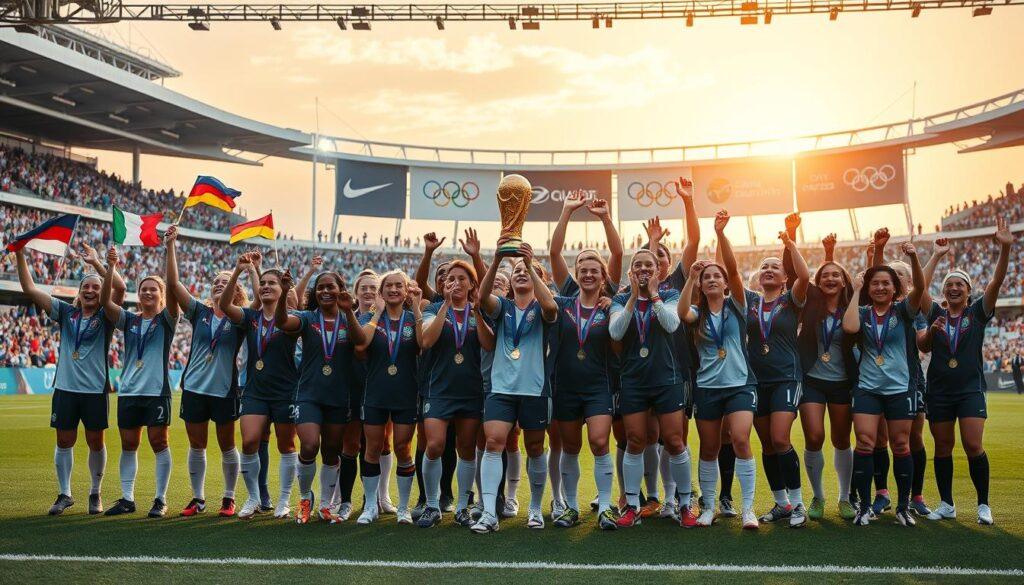A vibrant and dynamic scene showcasing the achievements of women's soccer, highlighting key moments from World Cup events and Olympic milestones. In the foreground, a diverse group of female soccer players, dressed in professional sports attire, celebrate in unison, holding championship trophies and medals. The middle-ground features iconic stadiums filled with cheering fans, waving flags of various nations, creating a sense of unity and excitement. The background displays banners representing past World Cup tournaments and Olympic logos, symbolizing the evolution of the sport. The lighting is bright and uplifting, with a warm golden hour glow that emanates from the horizon, enhancing the celebratory mood. Capture the action at a slightly low angle to emphasize the players' triumph and the grandeur of the event.