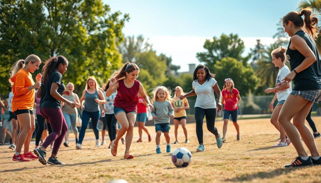 A vibrant scene depicting a women's soccer grassroots movement in a local park setting. In the foreground, diverse women of various ages and ethnicities engage in a spirited soccer practice; some dribble the ball while others cheer and instruct, wearing casual athletic gear. The middle ground features a small group of young girls eagerly watching and mimicking the practice, embodying inspiration and enthusiasm. In the background, trees and a clear blue sky set a lively, hopeful atmosphere. Soft, warm lighting enhances the feeling of community and empowerment. The angle is slightly elevated, capturing the energy and camaraderie of the event, emphasizing teamwork and the joy of soccer.