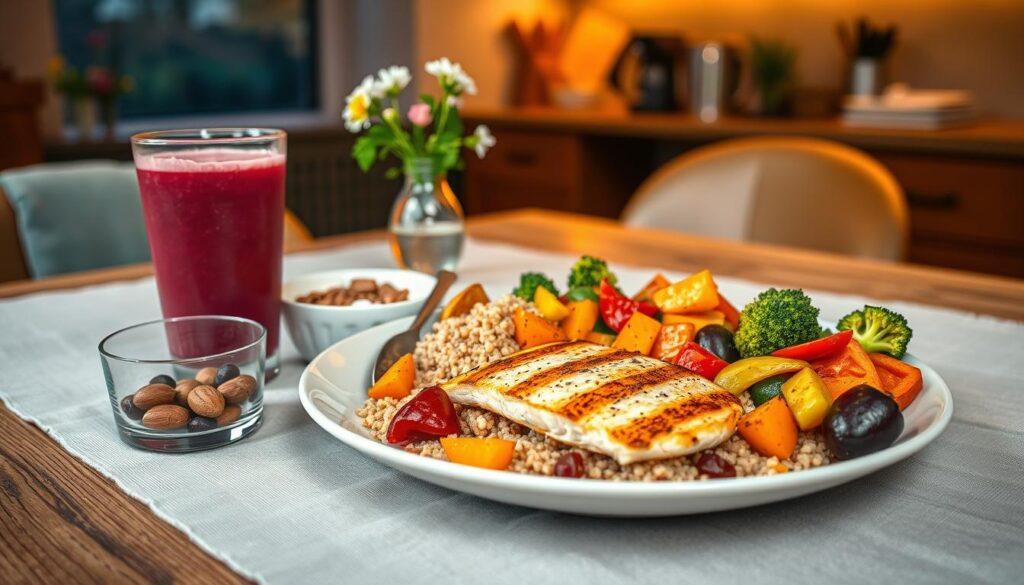 A beautifully arranged recovery meal featuring a colorful plate of grilled chicken breast, quinoa, and a vibrant medley of roasted vegetables including sweet potatoes, bell peppers, and broccoli. In the foreground, a glass of refreshing berry smoothie sits beside a small bowl of mixed nuts and Greek yogurt topped with honey and chia seeds. The middle ground showcases a rustic wooden dining table, adorned with a soft linen tablecloth and a small vase of fresh flowers. In the background, warm, inviting kitchen ambiance is created by soft golden lighting, highlighting the healthful meal. A cozy evening atmosphere is captured, emphasizing relaxation and nourishment, ideal for fueling female footballers after intense training. The image has a shallow depth of field, focusing on the meal with a slightly blurred background for a warm, intimate feel.