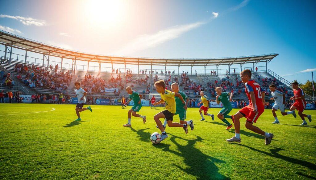 A bustling soccer tournament scene showcasing energetic players on a vibrant green field, dressed in colorful team uniforms and focused on the game. In the foreground, a diverse group of enthusiastic young athletes engages in a friendly match, showcasing their skills with the ball. In the middle ground, spectators cheer from bleachers adorned with banners supporting their favorite teams, capturing an atmosphere of excitement and camaraderie. The background features a clear blue sky with a warm sun casting bright, inviting light over the scene, enhancing the vivid colors of the jerseys. The image is shot from a low angle, emphasizing the players' determination and athleticism, while capturing the dynamic movement of the game. The overall mood is lively and inspiring, reflecting the spirit of competition and sportsmanship in soccer tournaments.