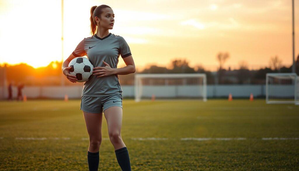 A confident female soccer player stands at the forefront, her stance strong and assured as she holds a soccer ball under one arm. She is dressed in a professional athletic outfit—a fitted jersey and shorts, with cleats firmly planted on the grass. In the middle ground, a training field is visible, with cones and goals set up, embodying a practice environment. The background reveals a vibrant sunset sky, casting warm golden hues over the scene, enhancing the uplifting mood of determination and focus. Soft, diffused lighting highlights her features, capturing a moment of mental preparation and self-assurance as she gazes ahead, embodying the essence of confidence in athleticism. The image evokes a sense of tranquility yet intensity, inspiring viewers to embrace mental strength in sports.